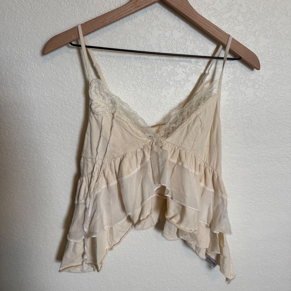 Fairy Coquette Boho Kimchi Blue Ruffle Lace Tank Top XS Cream